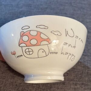 Warm and Happy Pink Mushroom House Ceramic Ramen Bowl